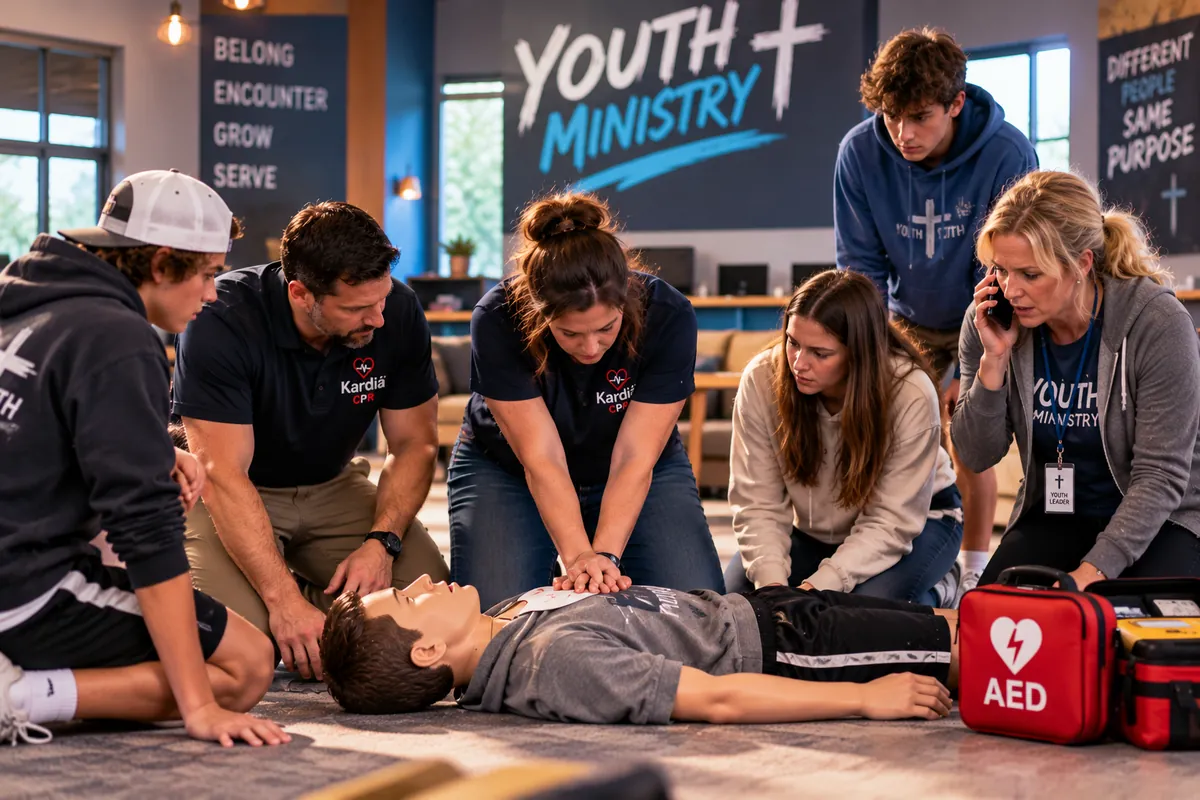 Oklahoma church youth ministry leaders and teen volunteers practicing CPR on a teenage manikin, with one leader calling 911 and an AED nearby, demonstrating emergency preparedness and lifesaving training.
