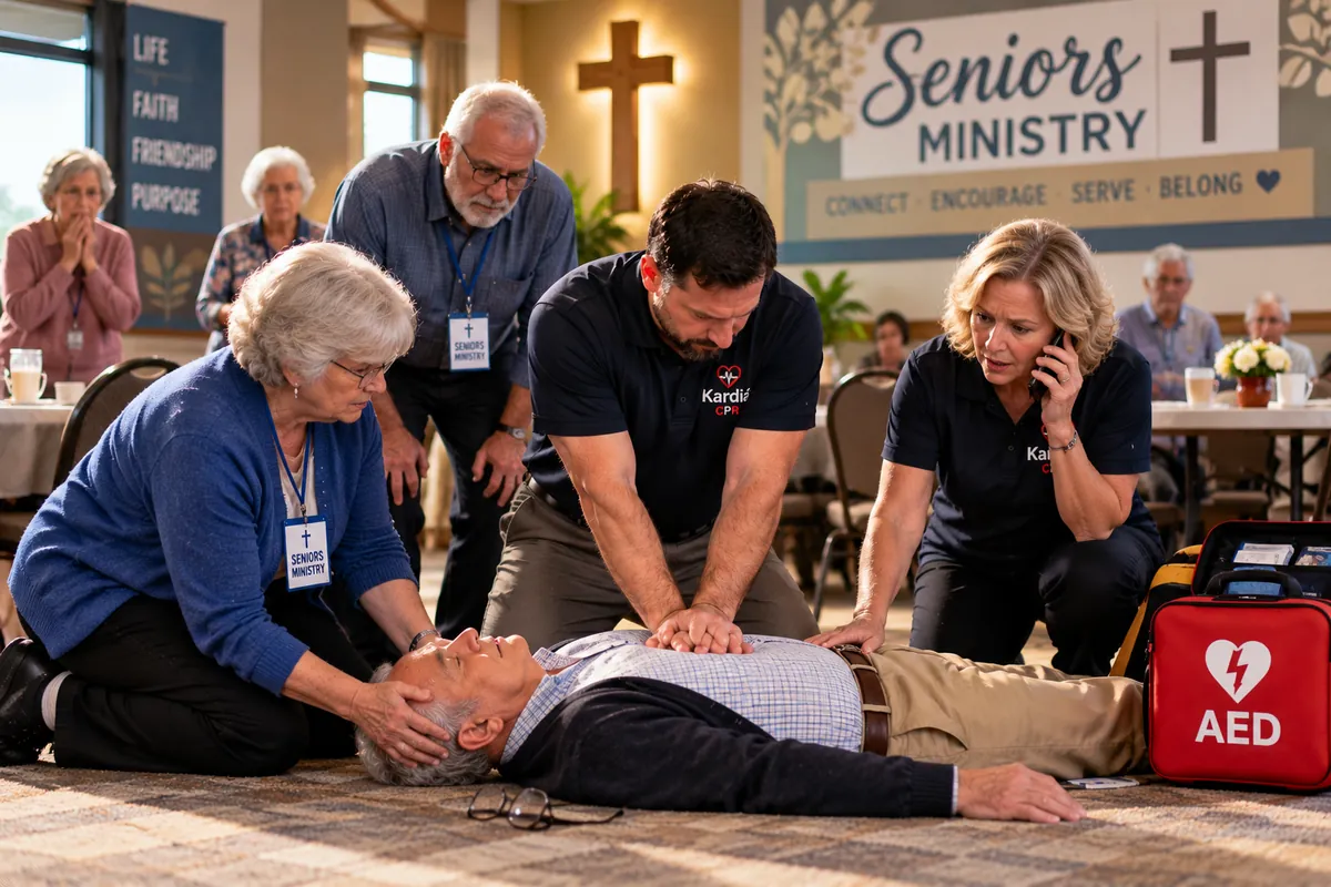 Oklahoma church senior adult ministry volunteers responding to a medical emergency, performing CPR on an elderly man while another volunteer calls 911 and an AED is nearby, highlighting church emergency preparedness.