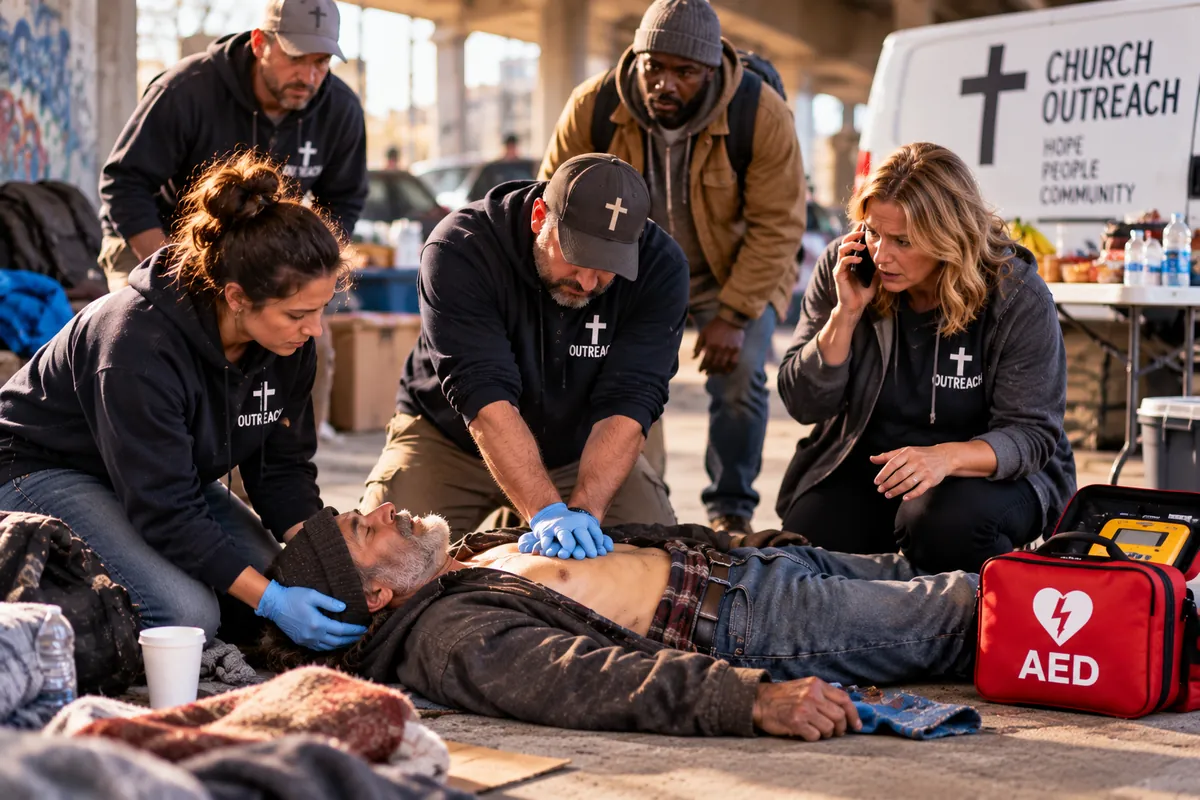 Oklahoma church homeless outreach volunteers and a bystander helping an unhoused man during a medical emergency, performing CPR while another volunteer calls 911 with an AED nearby, demonstrating compassion and emergency preparedness.