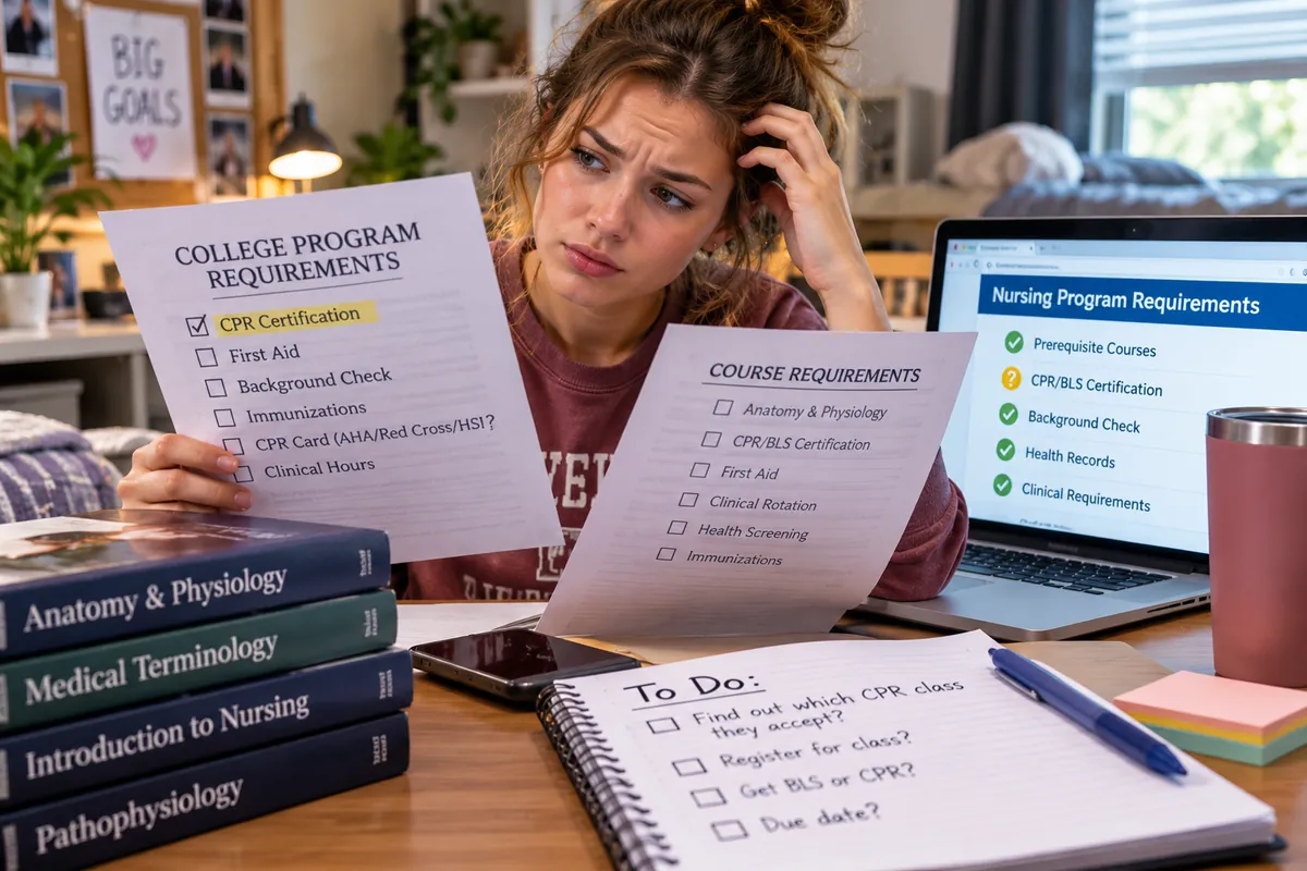 College nursing student reviewing course requirements and CPR/BLS certification prerequisites while comparing paperwork and a laptop checklist.