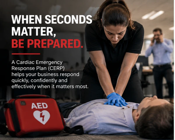 A woman in blue gloves gives chest compressions to a man lying on an office floor, an AED case beside them. When seconds matter, be prepared. A Cardiac Emergency Response Plan (CERP) helps your business respond quickly, confidently and effectively when it matters most.