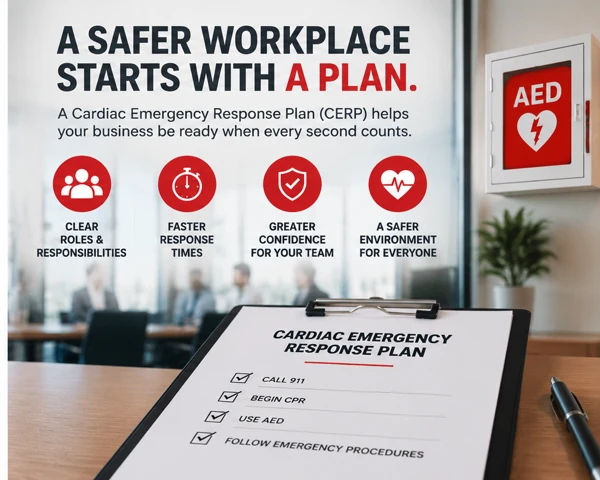A clipboard titled Cardiac Emergency Response Plan, checked off: call 911, begin CPR, use AED, follow emergency procedures, with an AED cabinet on the wall behind. A safer workplace starts with a plan: clear roles and responsibilities, faster response times, greater confidence for your team, a safer environment for everyone.